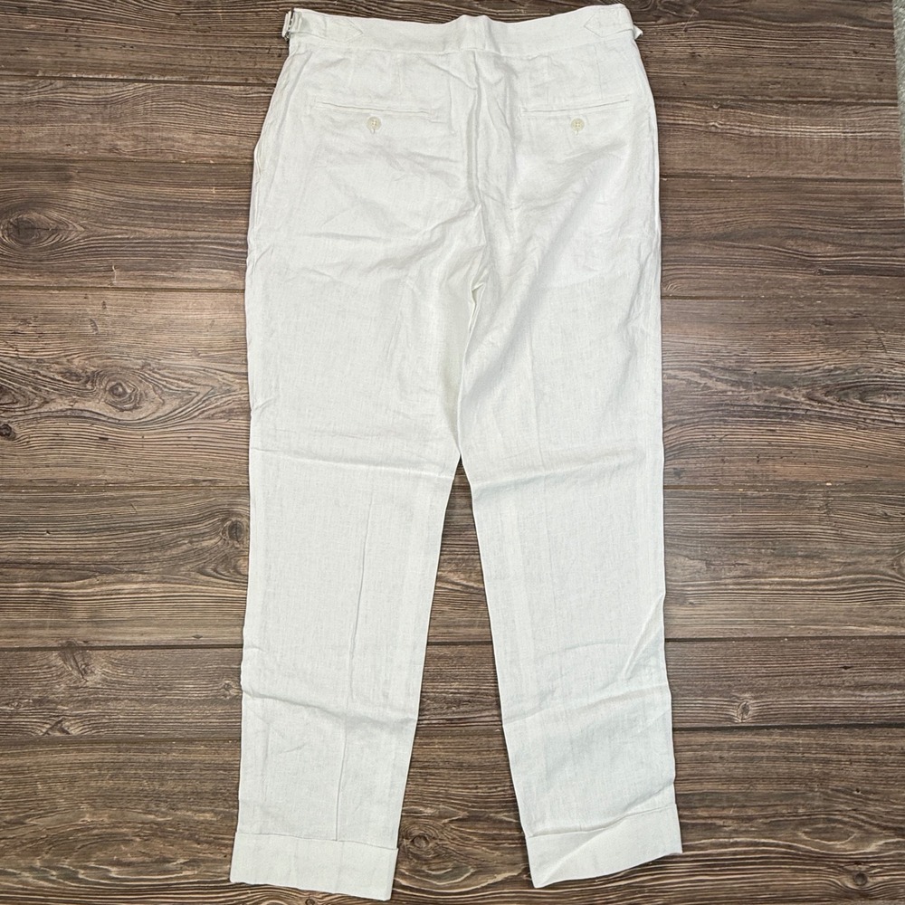 Collars & Co Mens Size 30x30 Linen Trousers White Side Adjuster Pleated Cuffed - Picture 4 of 10